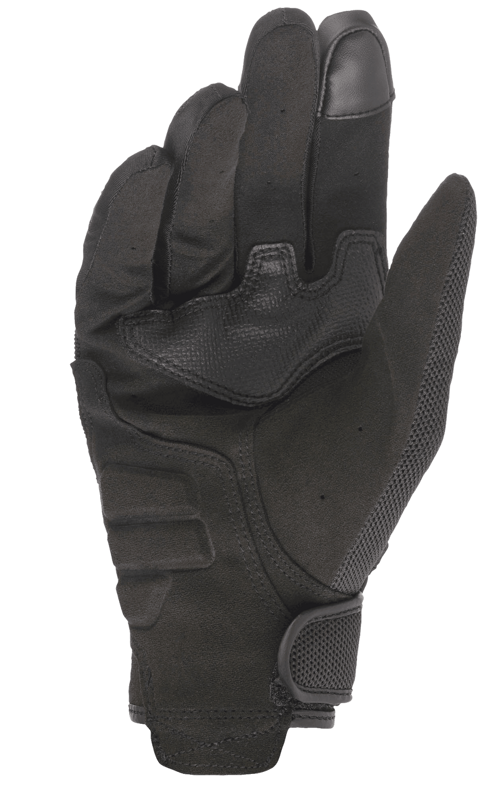 Alpinestars Stella Copper Women's Motorcycle Gloves, Black, palm view featuring synthetic suede construction with reinforcement patches, touchscreen-compatible index fingertip, and short cuff with adjustable hook-and-loop closure.