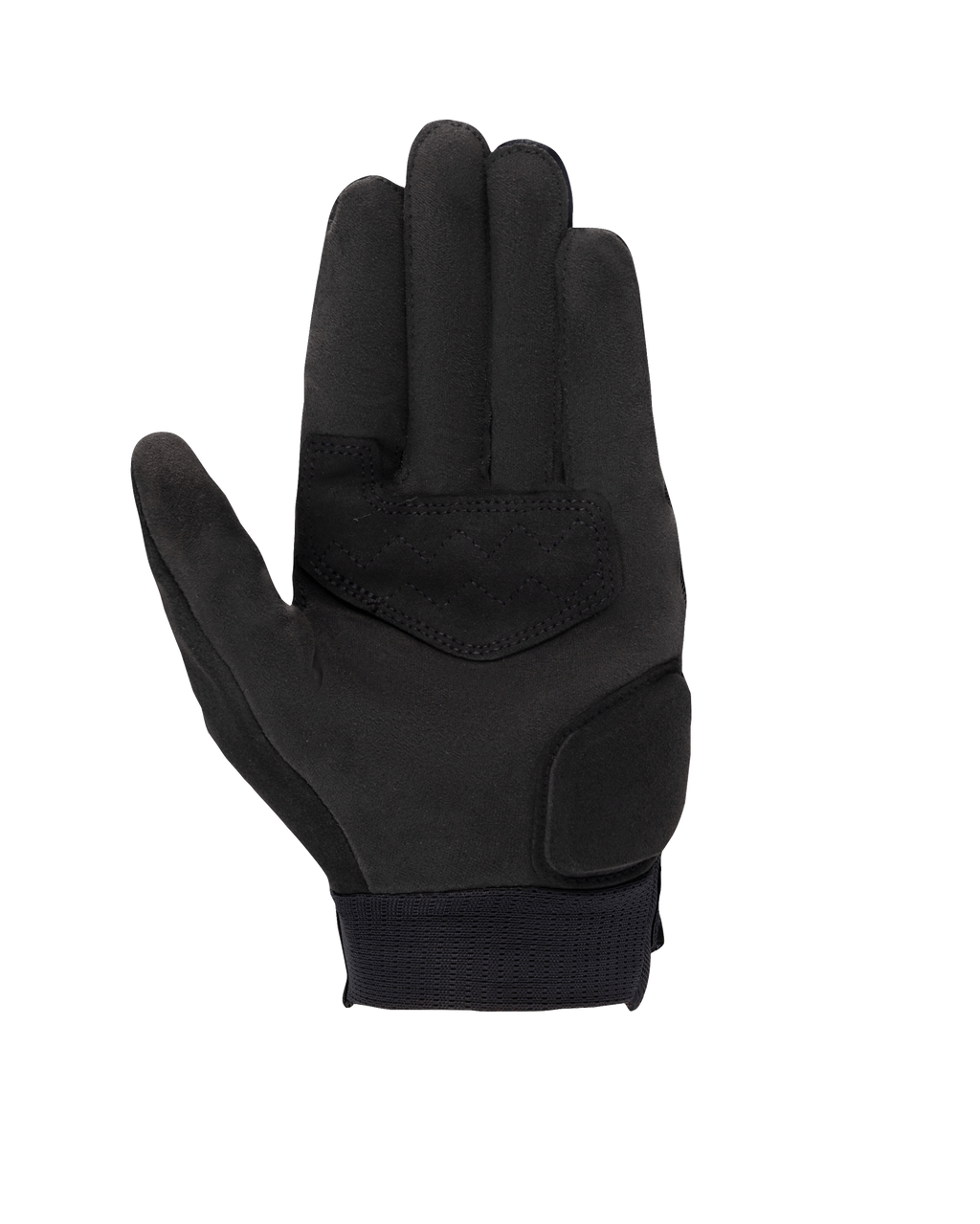Alpinestars Stated Women's Gloves, Black, palm view showing synthetic suede material, reinforced palm and thumb areas, touchscreen-compatible fingertips, and elastic wrist cuff, urban motorcycle riding gear