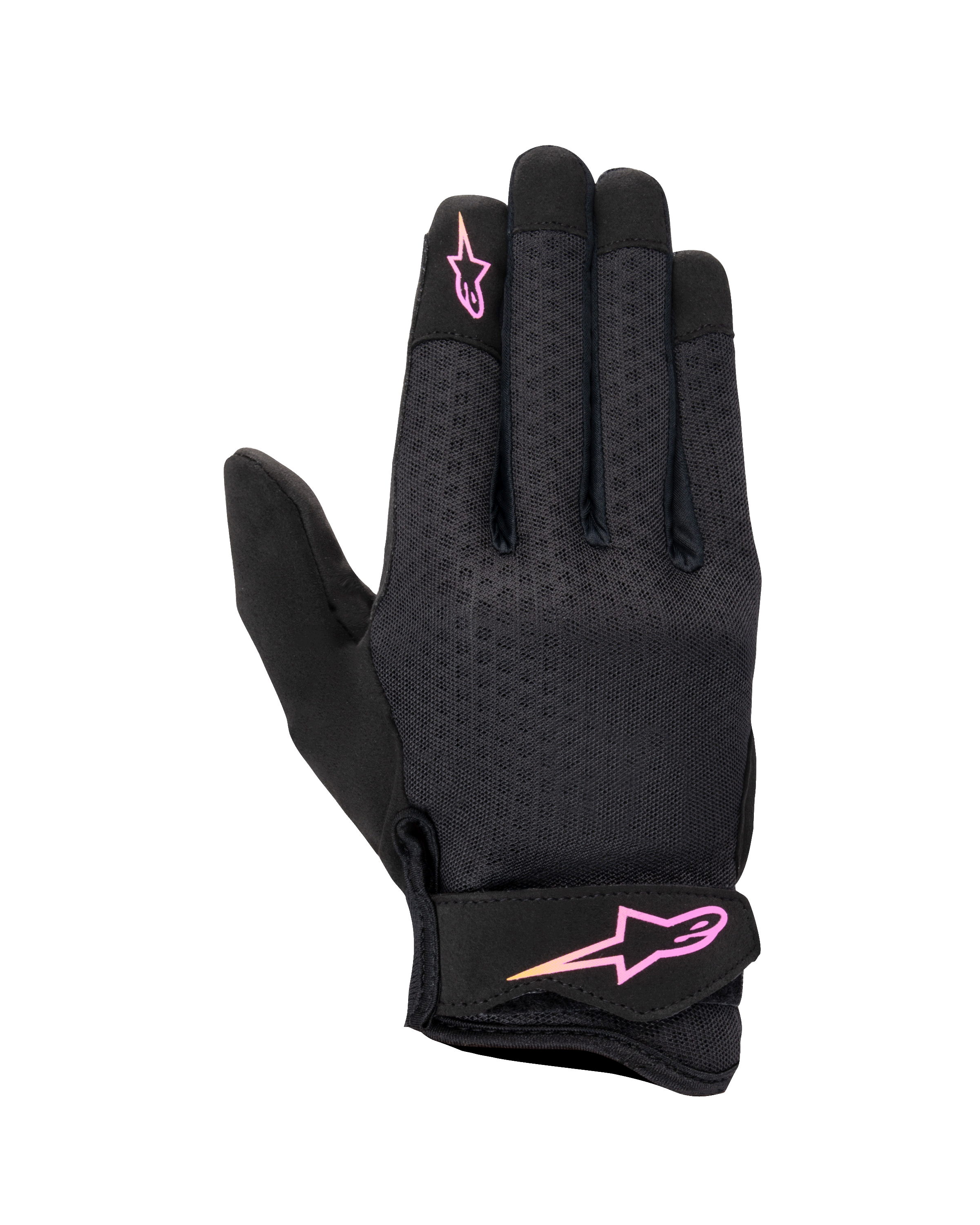 Alpinestars Stated Women's Gloves, Urban Motorcycle Gloves, Black with Pink and Yellow gradient logo, textured airprene backhand, Velcro wrist strap, lightweight and breathable summer gear