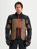 Alpinestars St-7 V2 2L Gore-Tex Jacket, men's adventure touring motorcycle jacket in walnut and black, featuring a waterproof GORE-TEX shell, bright red central zipper, and CE Level 2 armor, worn by a male model