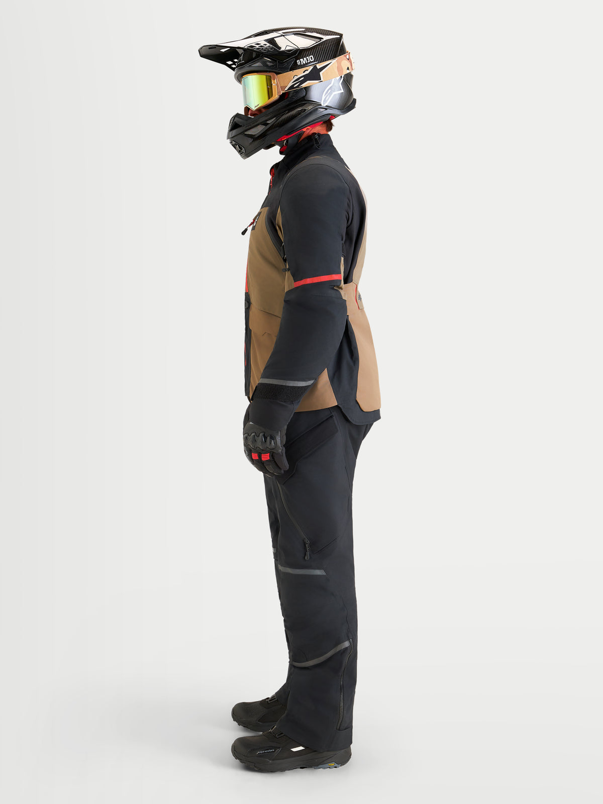 Alpinestars St-7 V2 2L Gore-Tex Jacket, Men's Adventure Touring Motorcycle Jacket, Walnut and Black, featuring CE Level 2 armor protection, worn by a rider wearing a helmet and gloves in a studio setting