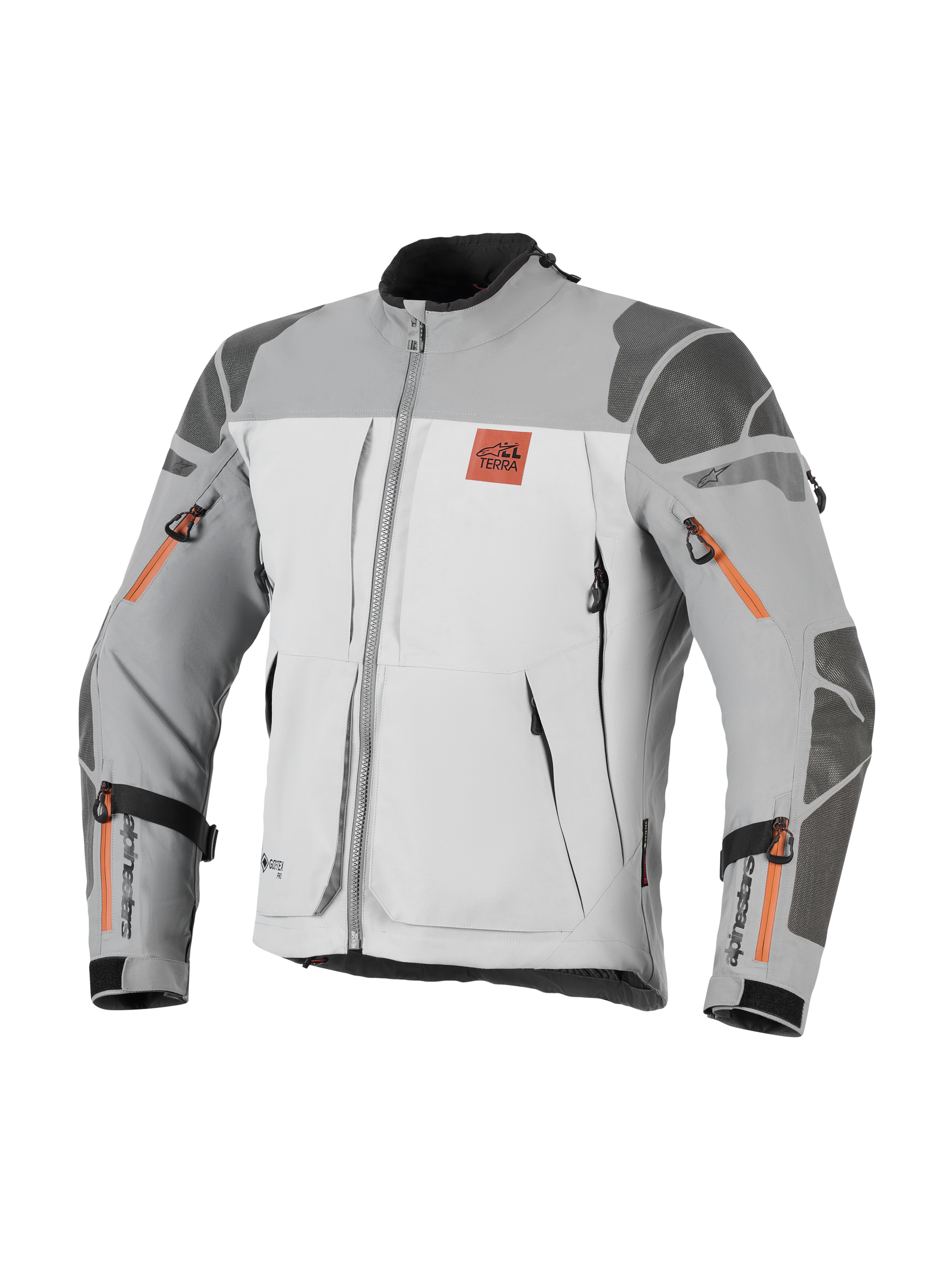 Alpinestars Nazca 3L GORE-TEX PRO Jacket, Adventure Motorcycle Jacket, Dark Gray and Mid Gray with orange zipper accents, featuring All Terra chest logo, Superfabric reinforcements on shoulders and elbows, multiple zippered ventilation openings, rugged touring design