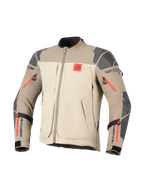 Alpinestars Nazca 3L GORE-TEX PRO Jacket, Walnut Rock Brown, Adventure Motorcycle Jacket, beige and light brown color blocking, grey textured reinforcements on shoulders and elbows, bright red zipper highlights, red 'ALL TERRA' logo on chest, black Alpinestars branding on forearms, durable textile construction