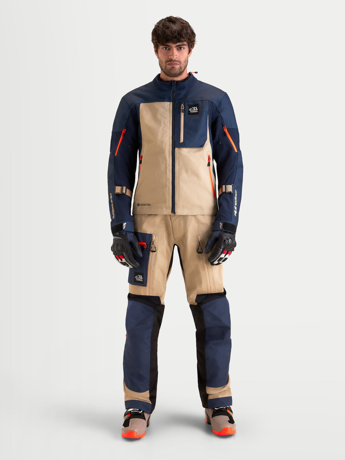 Alpinestars Arenis Gore-Tex® Jacket, men's adventure touring motorcycle jacket in night navy and mood indigo, front view showing waterproof textile construction and protective gear.
