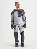 Alpinestars Arenis Gore-Tex® Gear Set, men's adventure touring motorcycle jacket and pants in light gray, dark gray, and red, front view on a model wearing waterproof all-terrain riding apparel