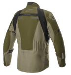 Alpinestars Altamira GORE-TEX Jacket, Forest Military Green, back view of technical motorcycle touring jacket with black shoulder panels, elasticated waist, and Alpinestars branding, featuring reflective accents and durable textile construction.