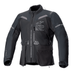 Alpinestars ST-7 2L GORE-TEX Jacket, Black and Dark Gray motorcycle jacket, front view featuring large cargo pockets, reflective shoulder accents, and Alpinestars Exploration Equipment logo on the chest, waterproof adventure touring gear