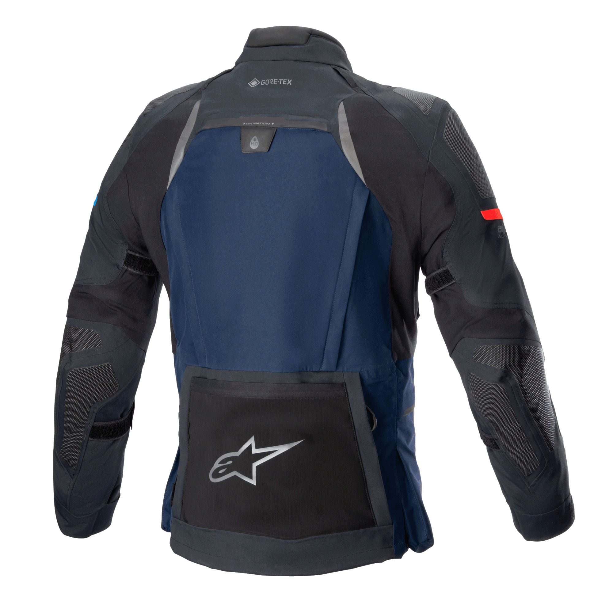 Alpinestars Boulder GORE-TEX Jacket, Technical Touring Motorcycle Jacket, Dark Blue and Black, back view featuring a large rear utility pocket with silver star logo, hydration compartment, and GORE-TEX branding on the collar.
