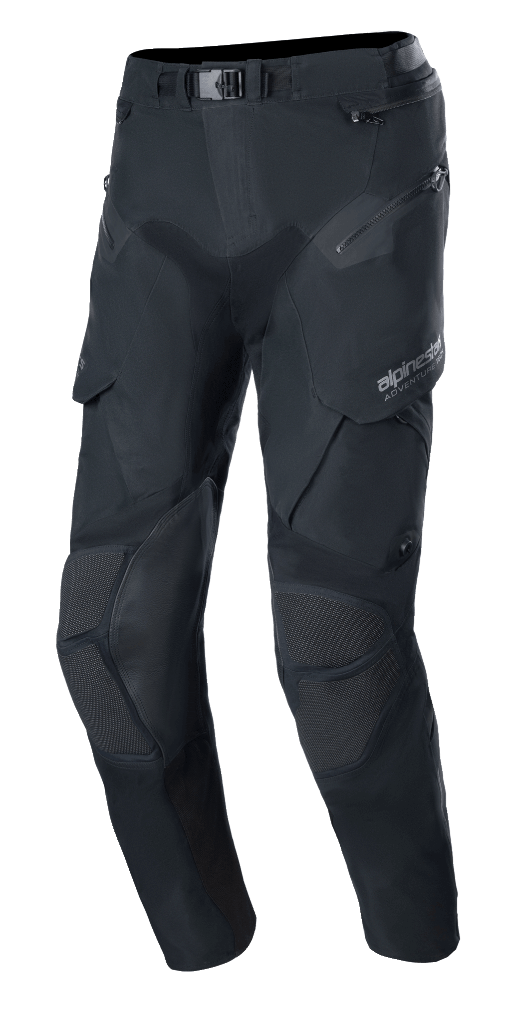 Alpinestars Boulder 3L GORE-TEX Pants, Adventure Motorcycle Pants, Black, technical textile design with magnetic buckle waist closure, reinforced knee panels with textured inserts, multiple zippered and cargo pockets, pre-curved ergonomic fit