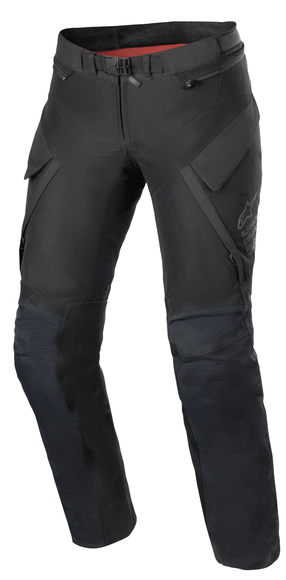 Alpinestars Women Stella ST-7 2L GORE-TEX Pants, Adventure Touring Motorcycle Pants, Black and Dark Gray, front view featuring cargo pockets, magnetic waist buckle, articulated knees with armor positioning, and subtle Alpinestars branding on the thigh.