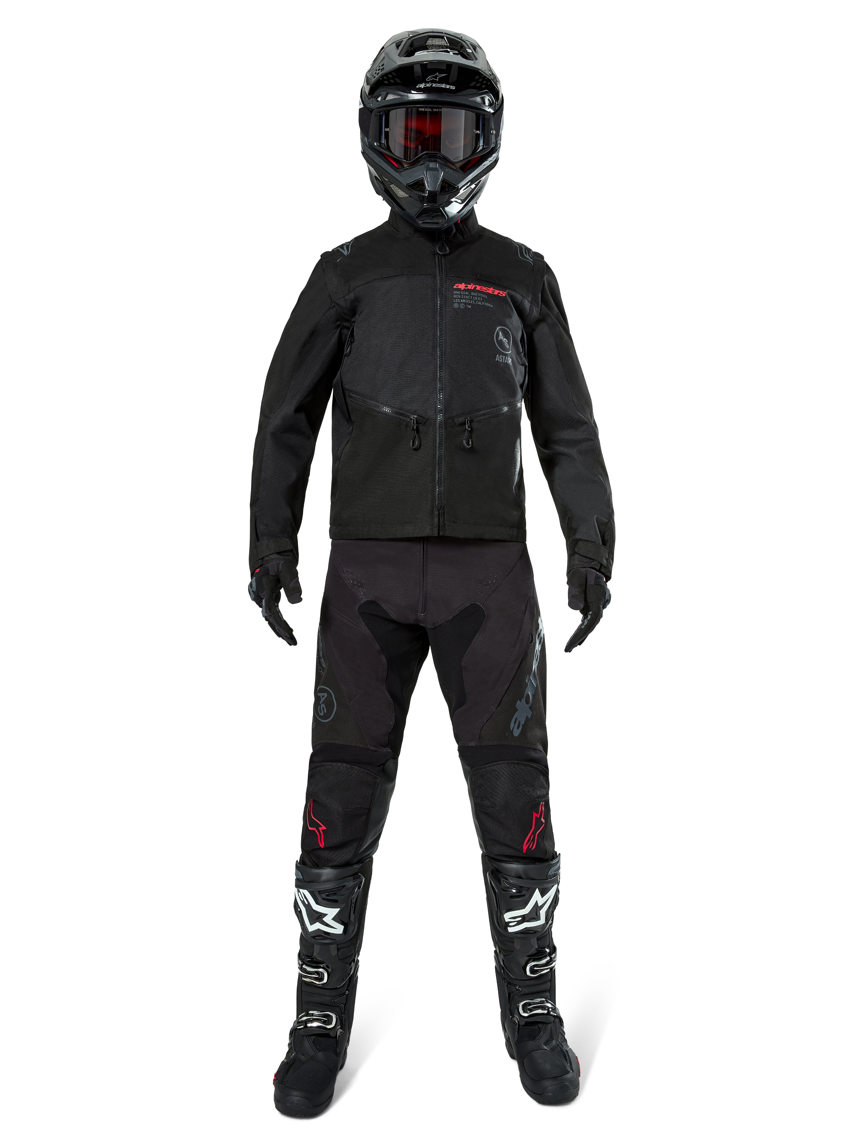 Alpinestars Pro-Dura Jacket, Black Off-Road Enduro Jacket, shown on a model with a complete gear set including a black helmet with red goggles, black pants with red accents, black and white boots, and black gloves, rally-inspired rugged design for trail riding