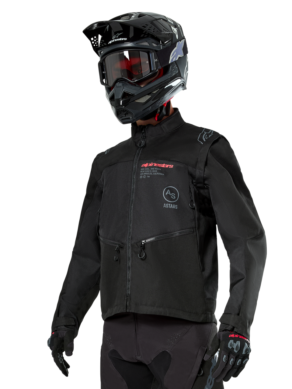 Pro-Dura Jacket, Black Motorcycle Jacket, Unisex, Black with Red and White Alpinestars Logos, Zippered Pockets, High Collar, Worn with Black Gloves and Helmet