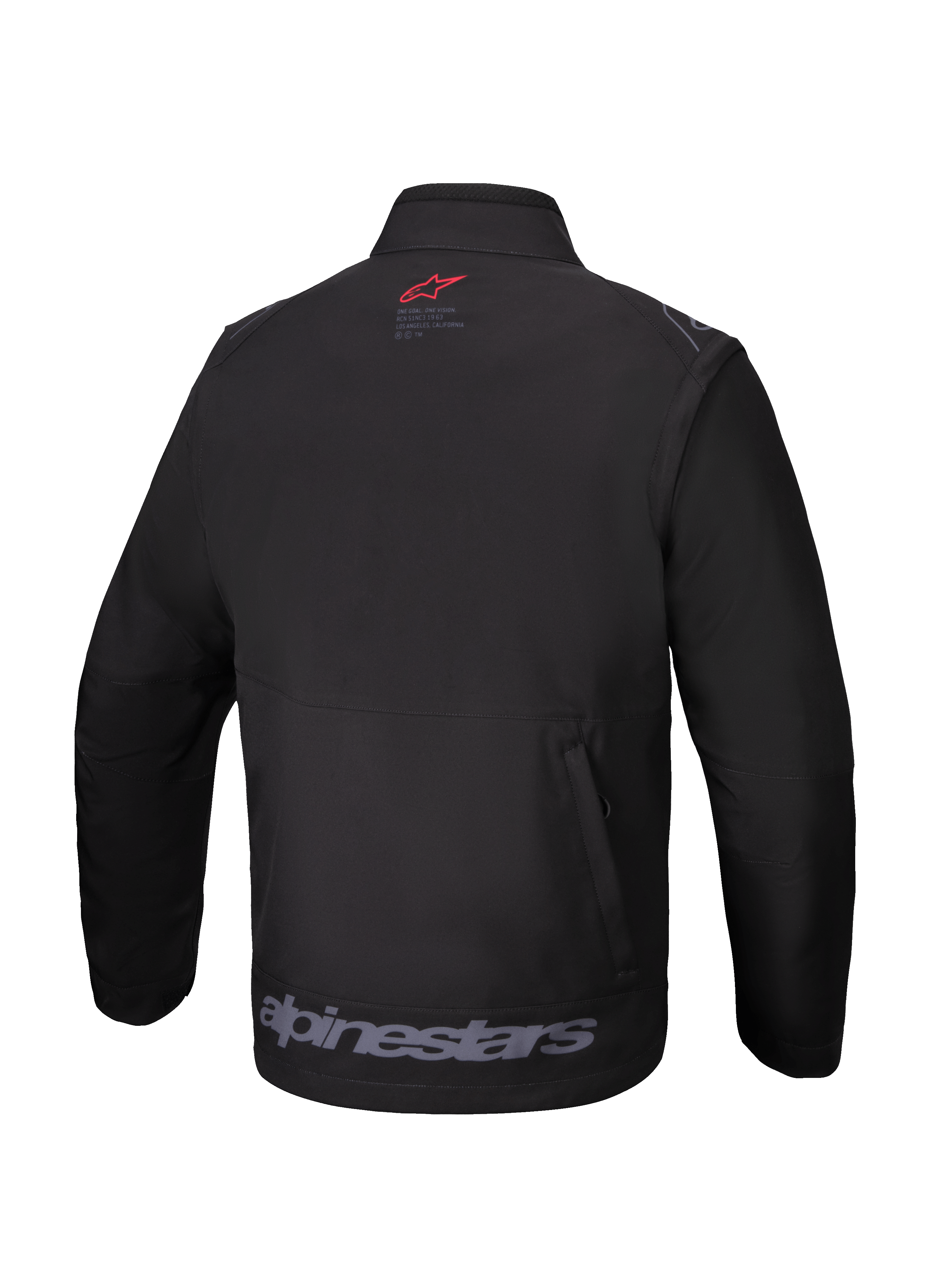 Alpinestars Lite-Dura Softshell Jacket, Black, Rear view, featuring a small red logo on the neck, large gray Alpinestars wordmark on the lower hem, and a vertical zippered rear storage pocket, technical off-road gear for enduro and motocross.