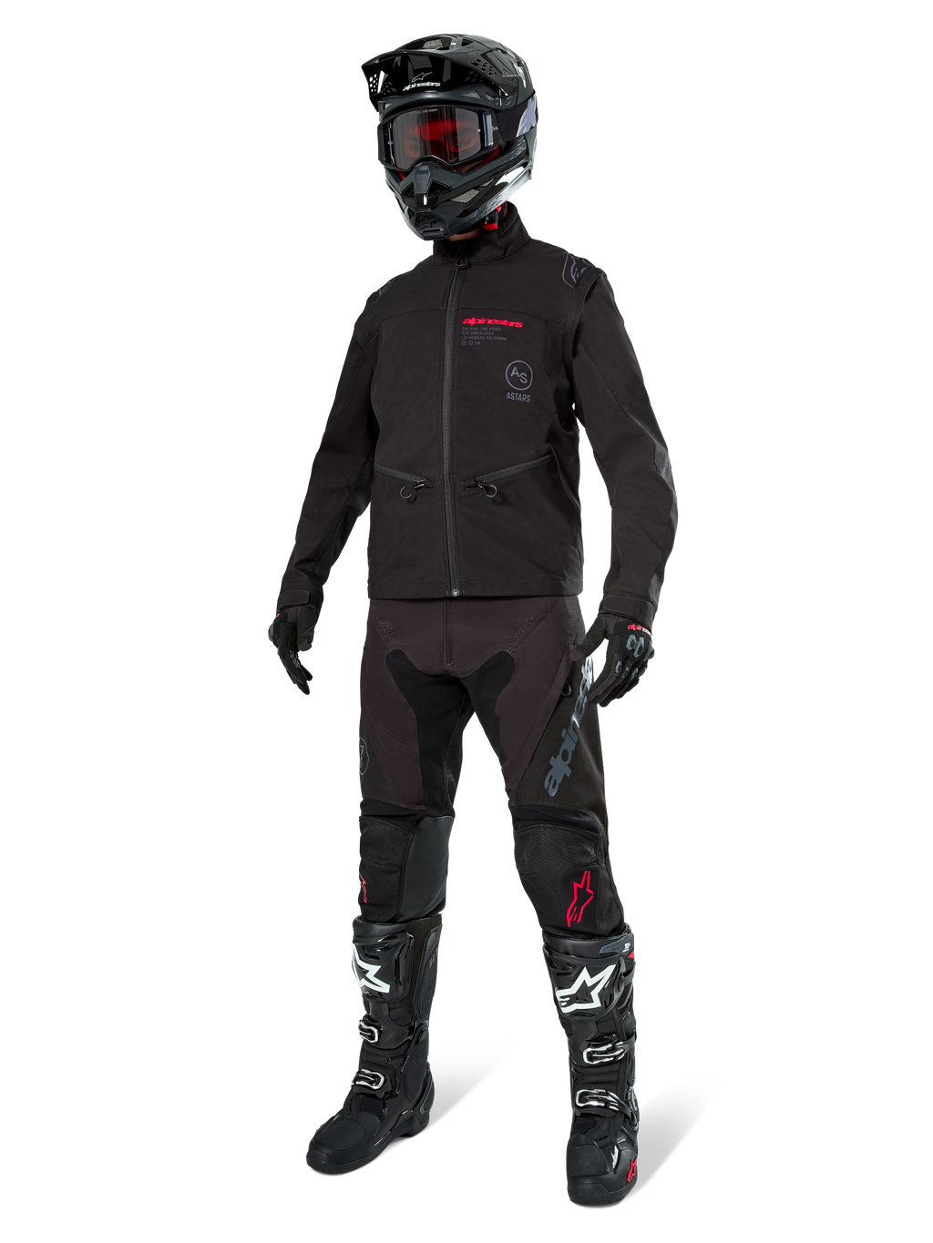Alpinestars Lite-Dura Softshell Jacket, Black, worn by a mannequin as part of a complete off-road gear set including black pants, black and white boots, black helmet with red goggles, professional motocross and enduro apparel.