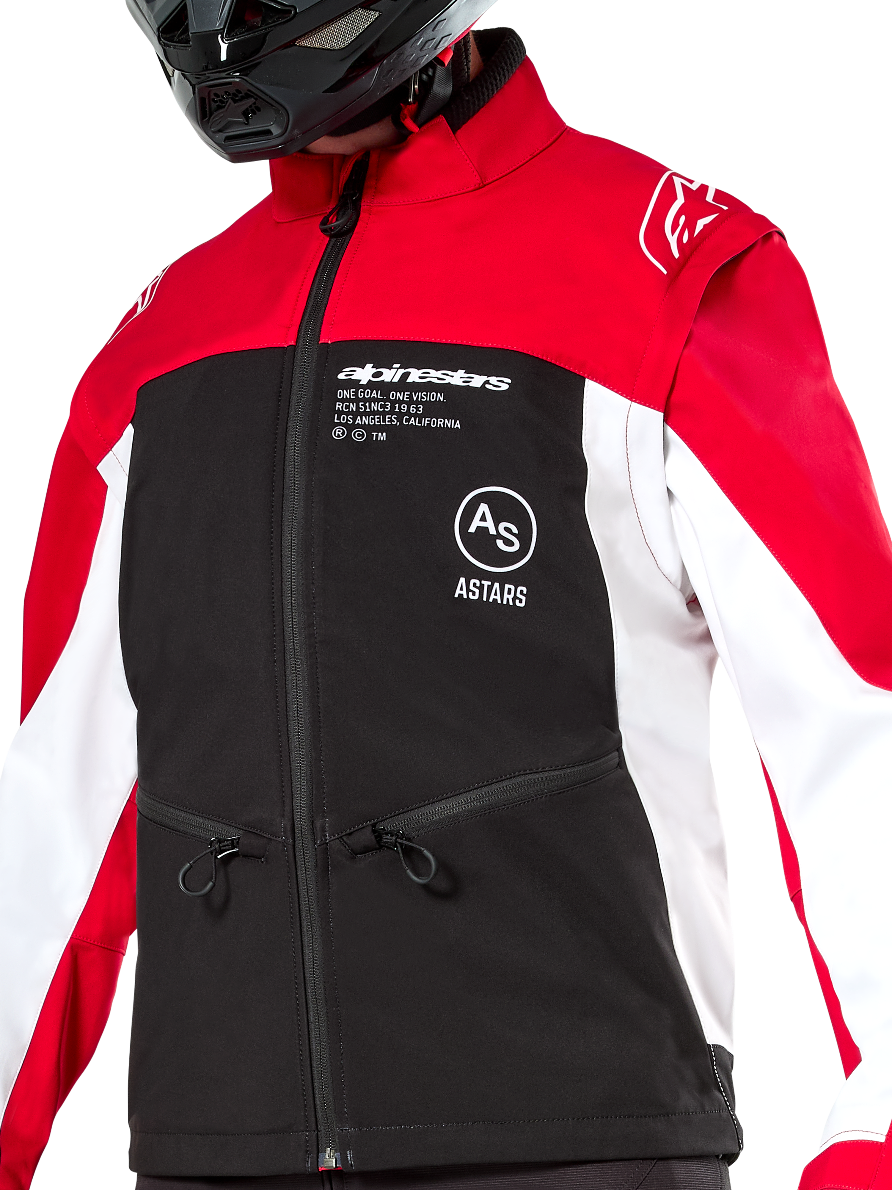 Alpinestars Lite-Dura Softshell Jacket, Off-road Enduro Jacket, Black Bright Red and White, featuring red shoulders and collar, black chest with white Alpinestars and ASTARS logos, white sleeves, zippered front pockets, worn by a rider with a black helmet.
