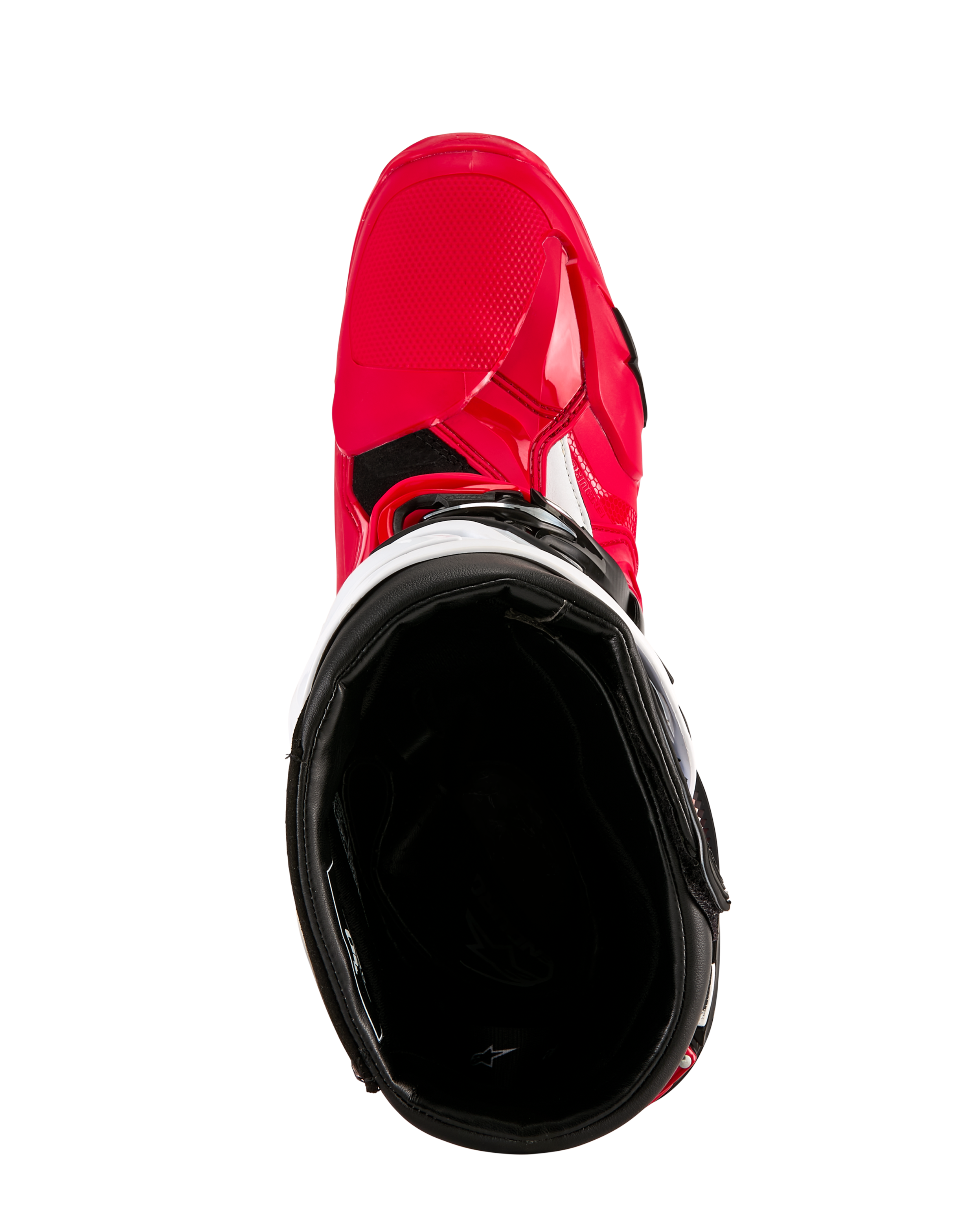 Alpinestars Tech 10 Enduro Boots, Motocross Boots, Bright Red Black White, top-down view looking into the black interior lining, bright red outer shell with white accents, protective off-road racing footwear