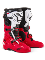 Alpinestars Tech 10 Enduro Boots, Motocross and Enduro Boots, Bright Red Black and White, white shin plates with black Astars logo, black buckles and straps, durable design for off-road racing