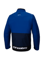 Alpinestars Lite-Dura Softshell Jacket, Back View, Navy, Bright Blue, and White, Off-road motorcycle jacket featuring a color-blocked design, large white branding on the lower back hem, and a small logo on the upper back.