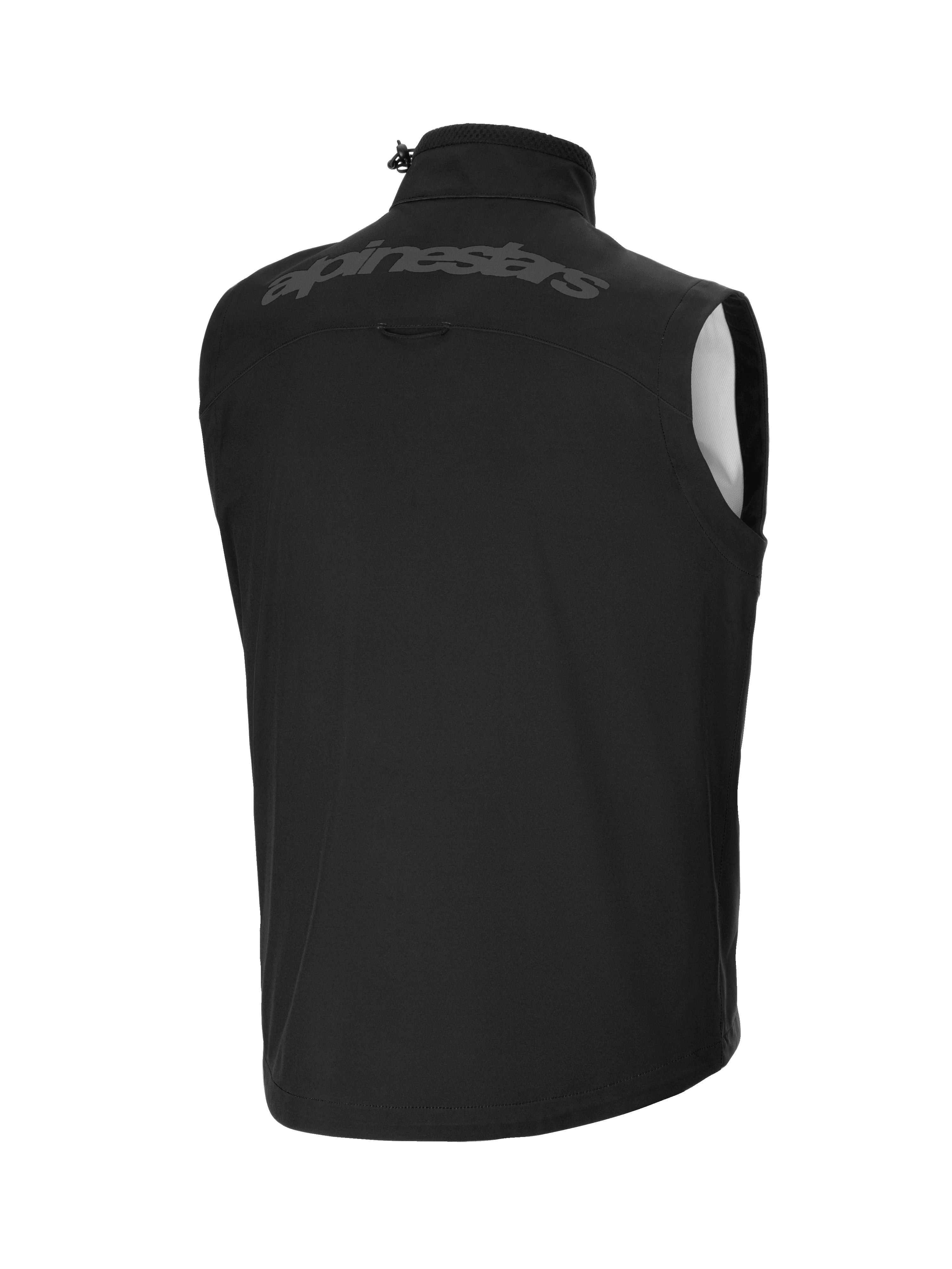 Alpinestars Techstar Softshell Vest, Black, Rear view featuring a large tonal alpinestars wordmark across the upper back, windproof lightweight softshell material, high collar with adjustable toggle, ergonomic sleeveless design for off-road gear layering.