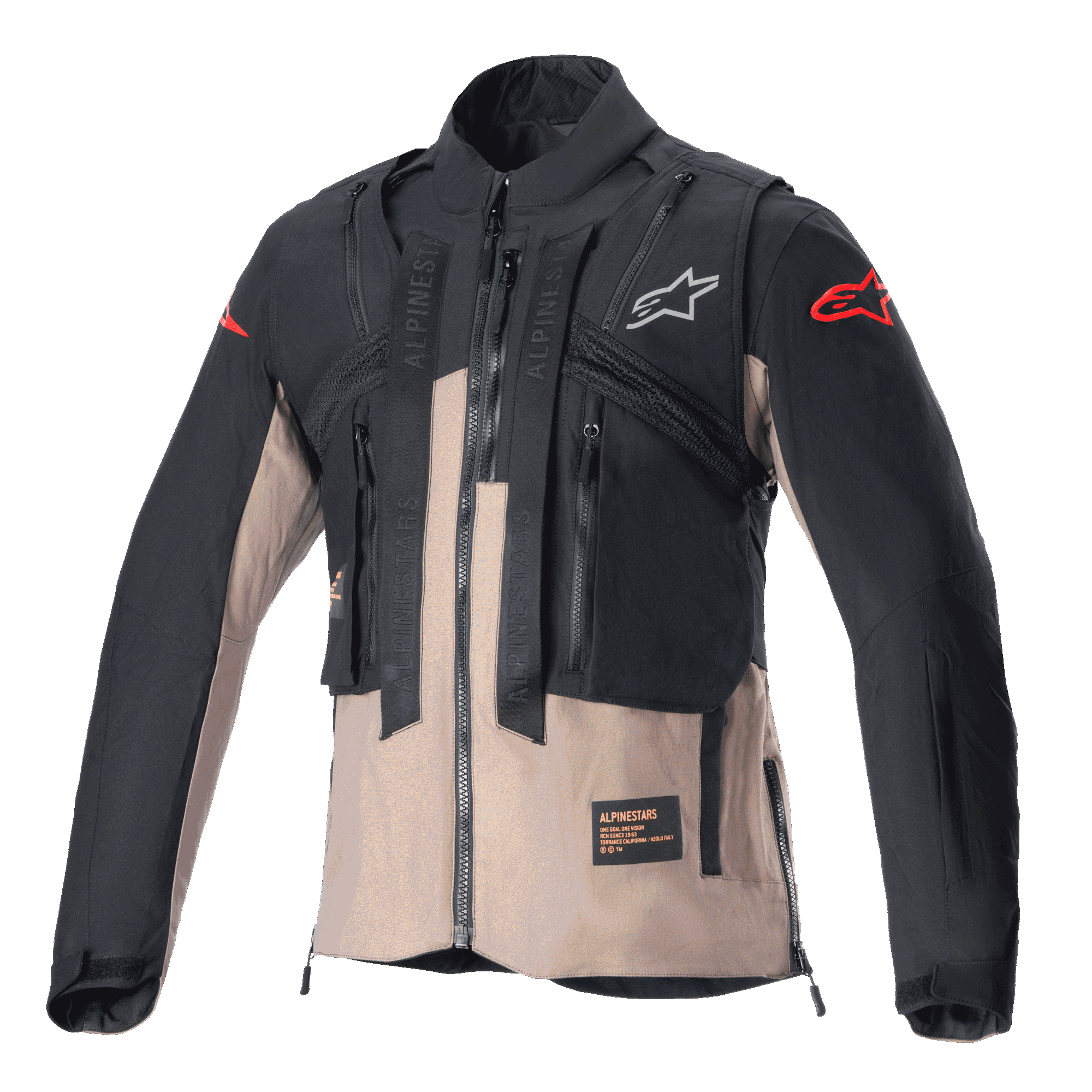 Alpinestars Techdura Jacket, Off-Road Enduro Jacket, Black and Falcon Brown, featuring a modular design with an integrated tactical vest, multiple utility pockets, durable textile construction, and Alpinestars logos on the chest and sleeves.