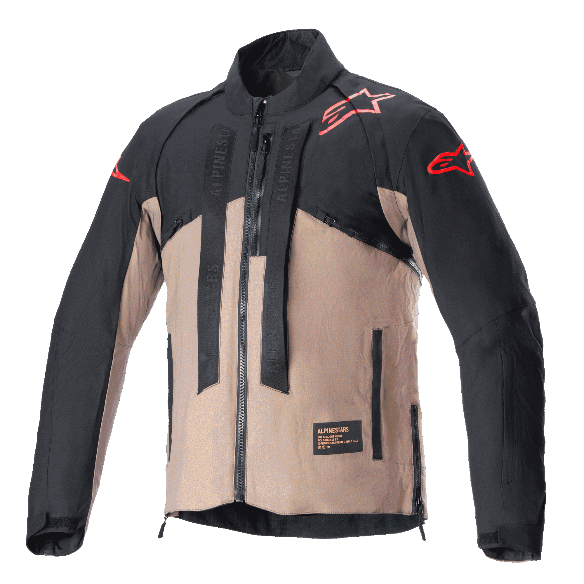 Alpinestars Techdura Jacket, Off-Road Motorcycle Jacket, Black Falcon Brown, two-tone design with red star logos on shoulders and sleeves, vertical Alpinestars-branded straps on the chest, durable textile material