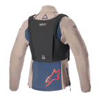 Alpinestars Techdura Jacket, Falcon Brown and Night Navy, back view with black tactical vest, featuring a red Alpinestars logo on the navy blue lower panel, rugged textile construction for enduro and off-road riding