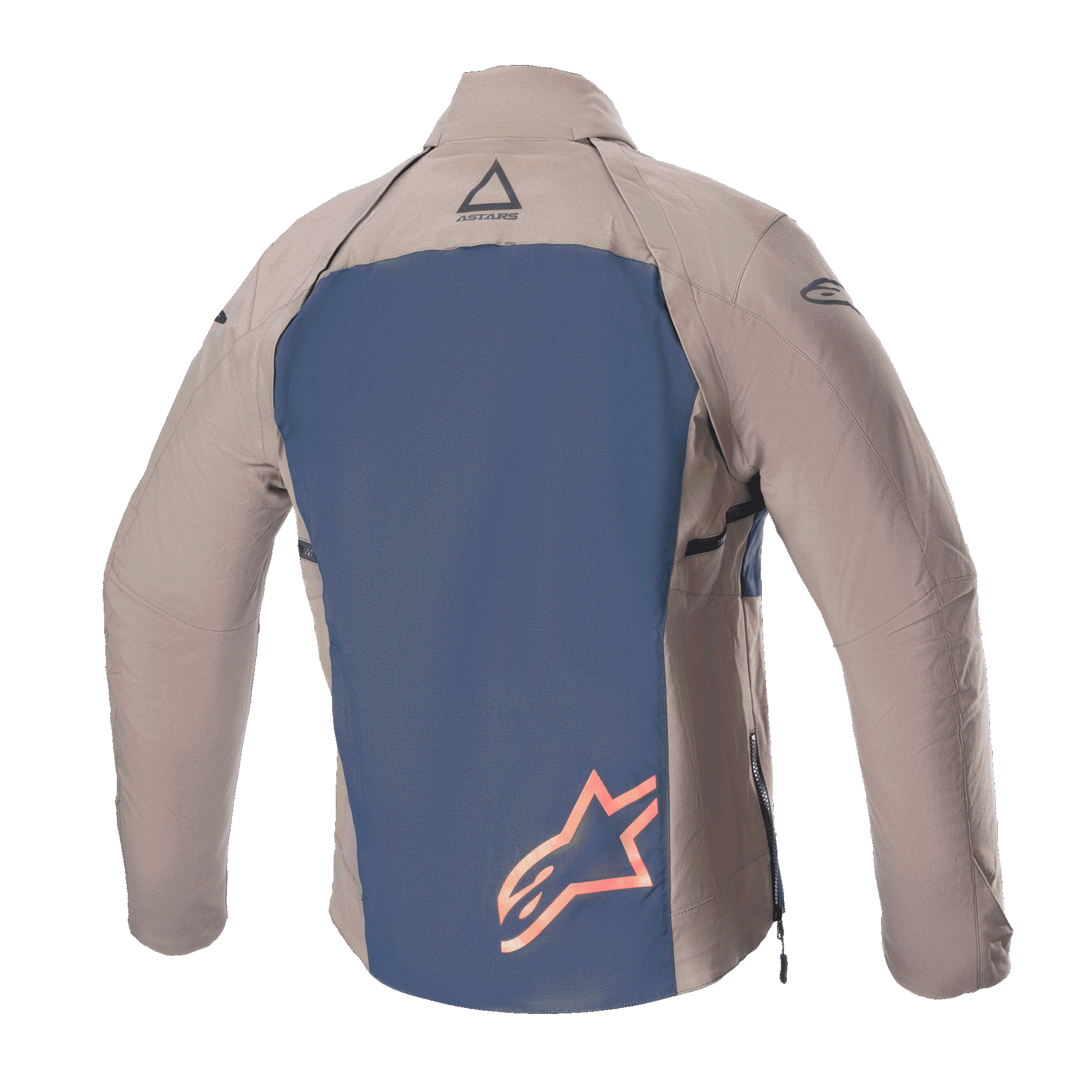 Alpinestars Techdura Jacket, Rear View, Falcon Brown and Night Navy, featuring a navy blue back panel with a large orange star logo, brown textile sleeves and shoulders, durable stretch polyamide construction for enduro and off-road riding