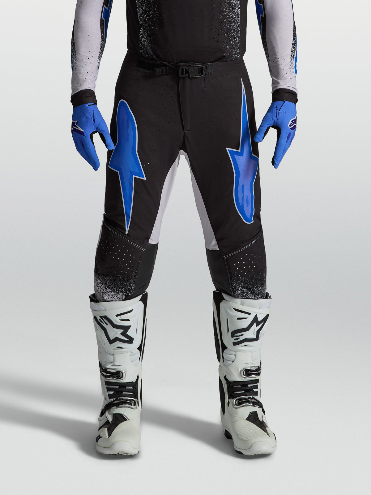 Alpinestars Supertech Hiten AFD Pants, black and blue men's motocross pants with lightweight stretch ripstop construction.