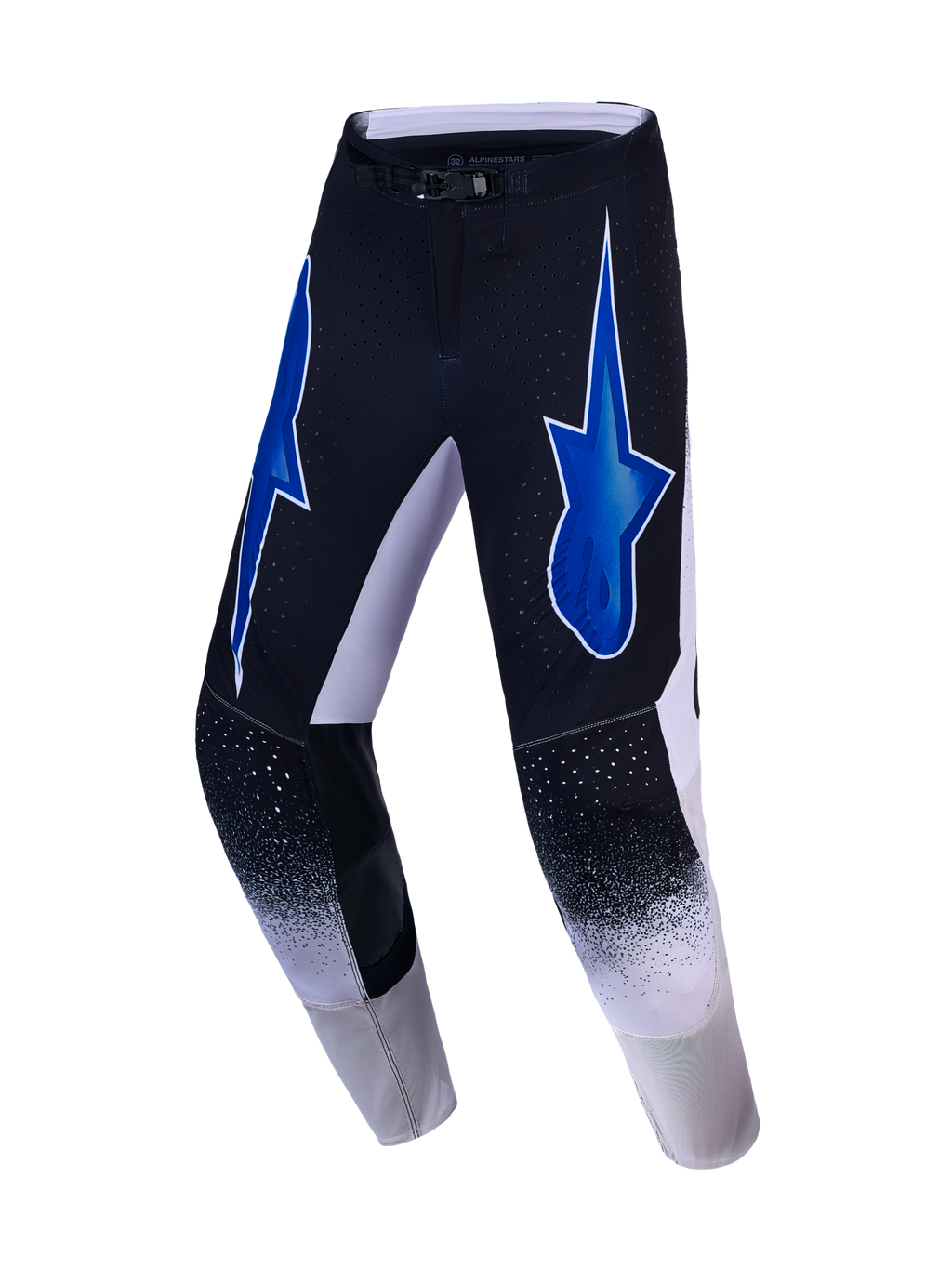 Alpinestars Supertech Hiten AFD Pants, men's black and blue motocross racing pants with athletic stretch and star logos.