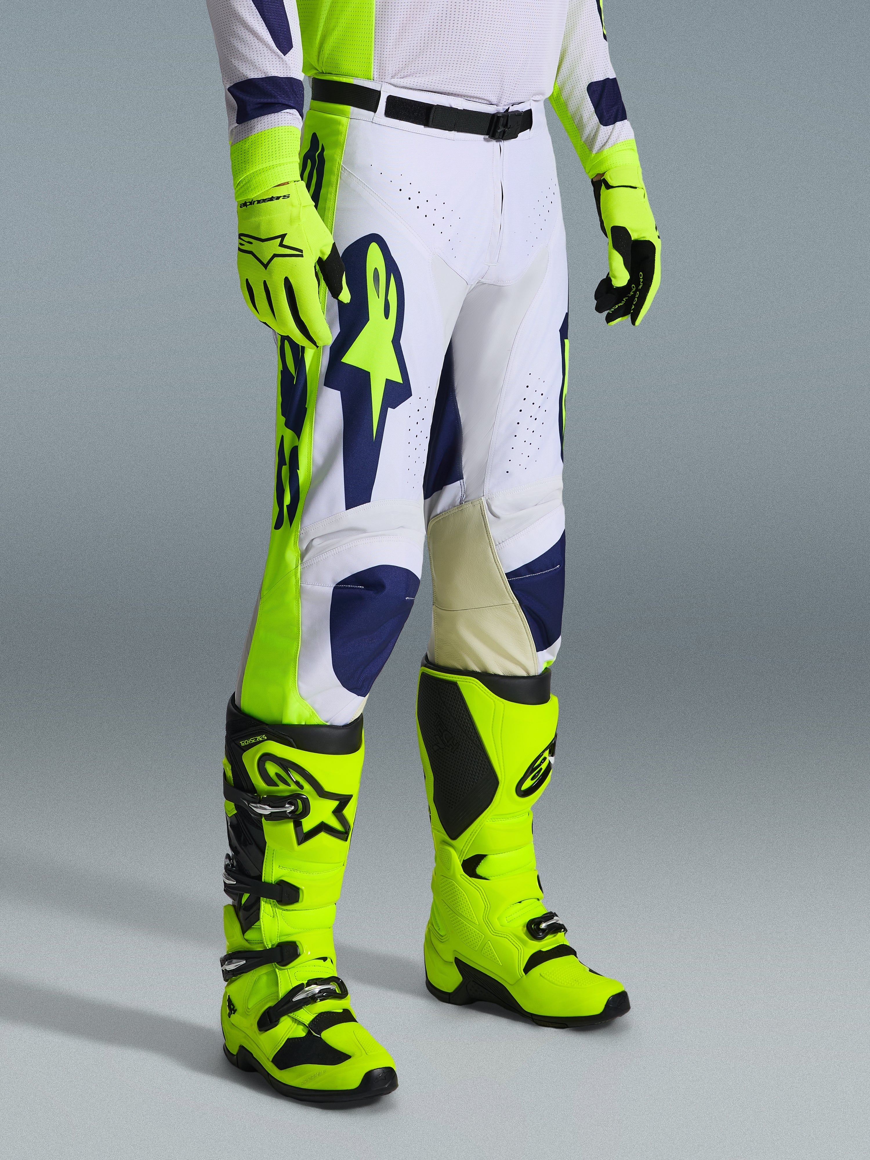 Alpinestars 2026 Racer Air Riway Gear Set, Motocross pants in white with navy and fluo yellow accents, paired with matching fluo yellow boots and gloves, featuring airflow perforations and ergonomic design, professional off-road racing outfit.
