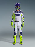 Alpinestars 2026 Racer Air Riway Gear Set, Motocross racing gear, white jersey with blue logo and fluo yellow accents, white pants with blue and yellow patterns, purple and yellow helmet, fluo yellow boots and gloves, complete off-road kit
