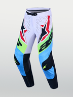 Alpinestars Supertech Dyna Pants, light lilac and green fluo motocross racing gear with protective leather knee panels.