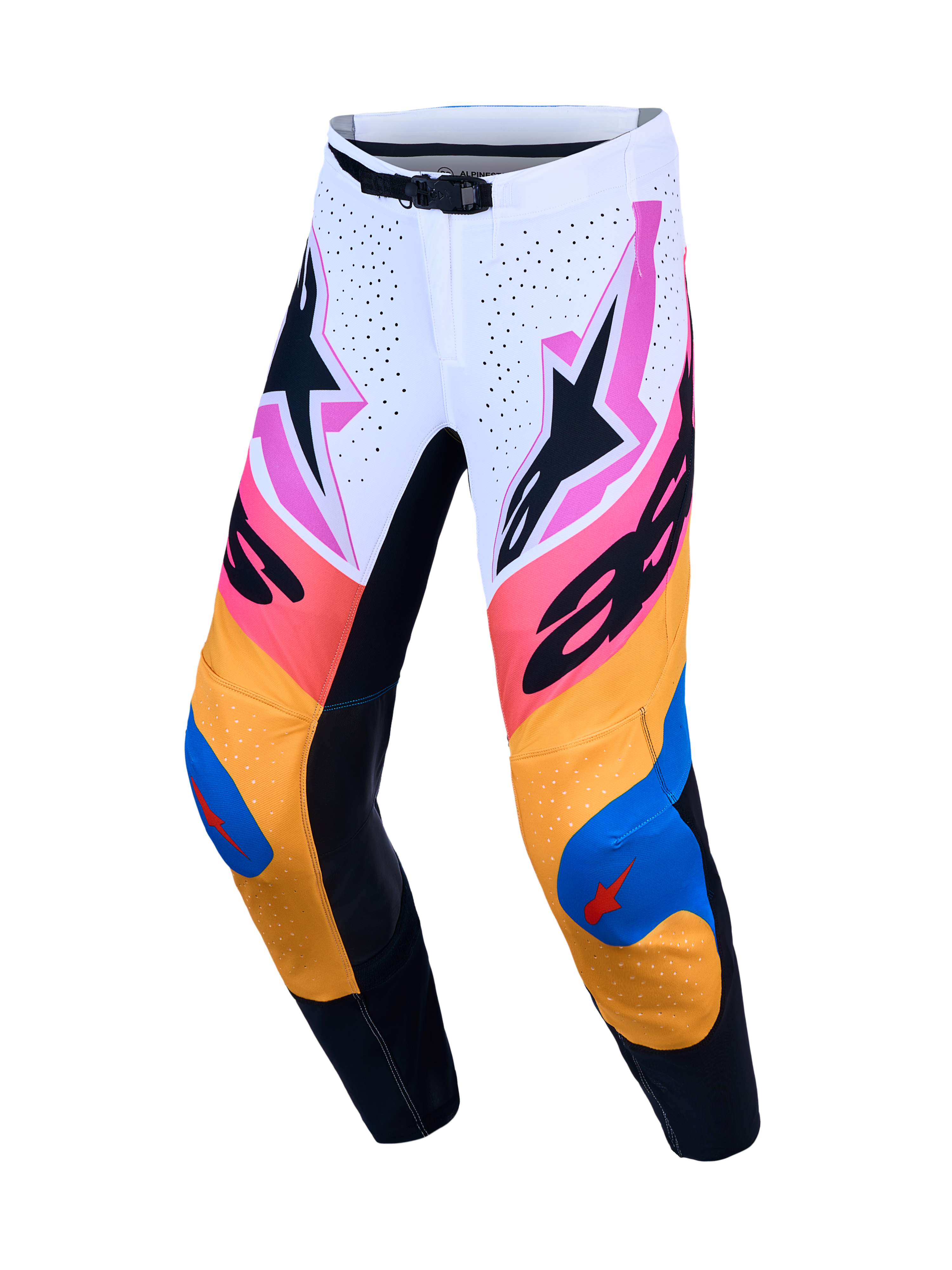 Alpinestars Supertech Dyna Pants, performance motocross gear in white, blue, and orange with lightweight stretch rip-stop.