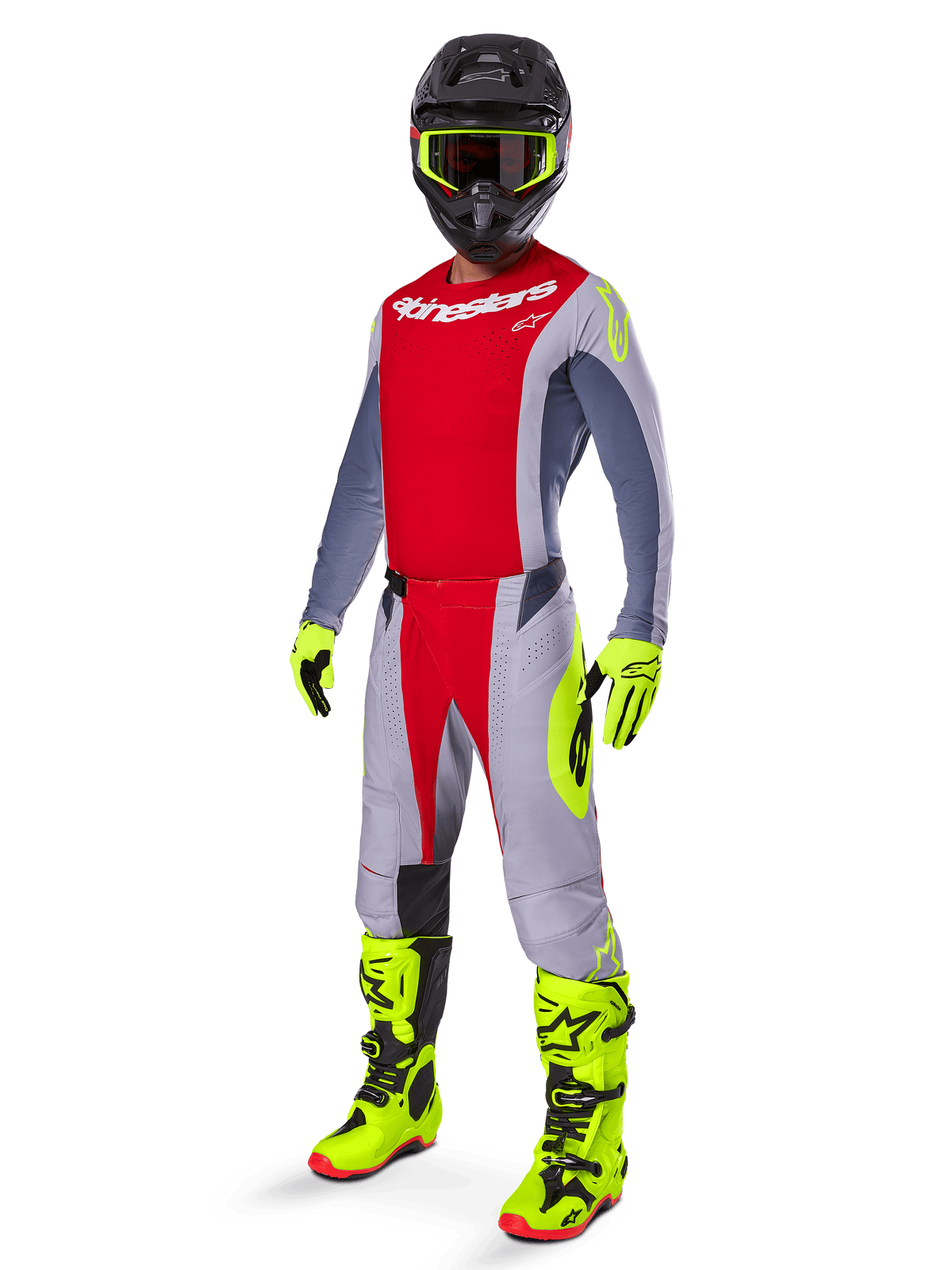 Motocross rider wearing the Alpinestars 2025 Techstar Melt Gear Set, red and gray jersey and pants, vibrant neon yellow gloves and boots, black helmet, complete off-road racing kit