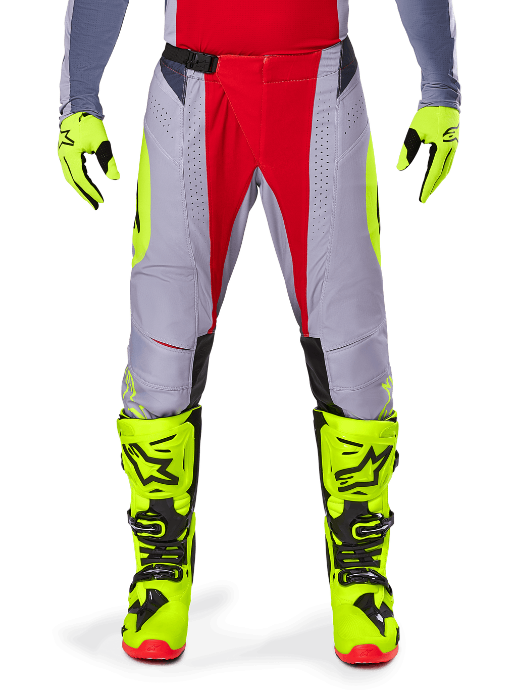 Alpinestars 2025 Techstar Melt Pants, Motocross Pants, Bright Red Gray, featuring a gray chassis with red central panels and neon yellow side accents, laser-cut perforations for ventilation, worn with neon yellow gloves and boots, high-performance gear for off-road racing
