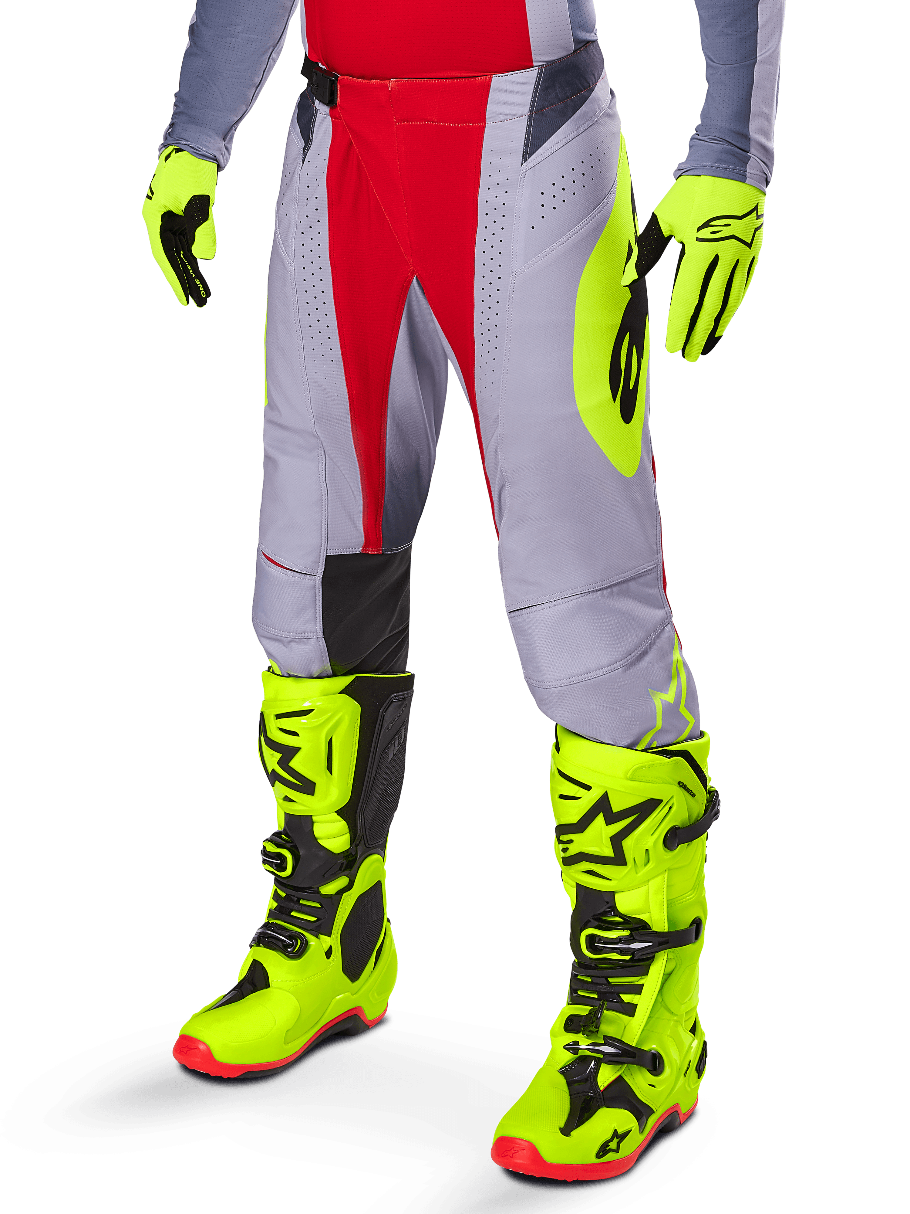 Alpinestars 2025 Techstar Melt Pants, Motocross Pants, Bright Red and Gray, featuring neon yellow side graphics and black knee panels, paired with matching neon yellow boots and gloves, designed for competitive off-road performance