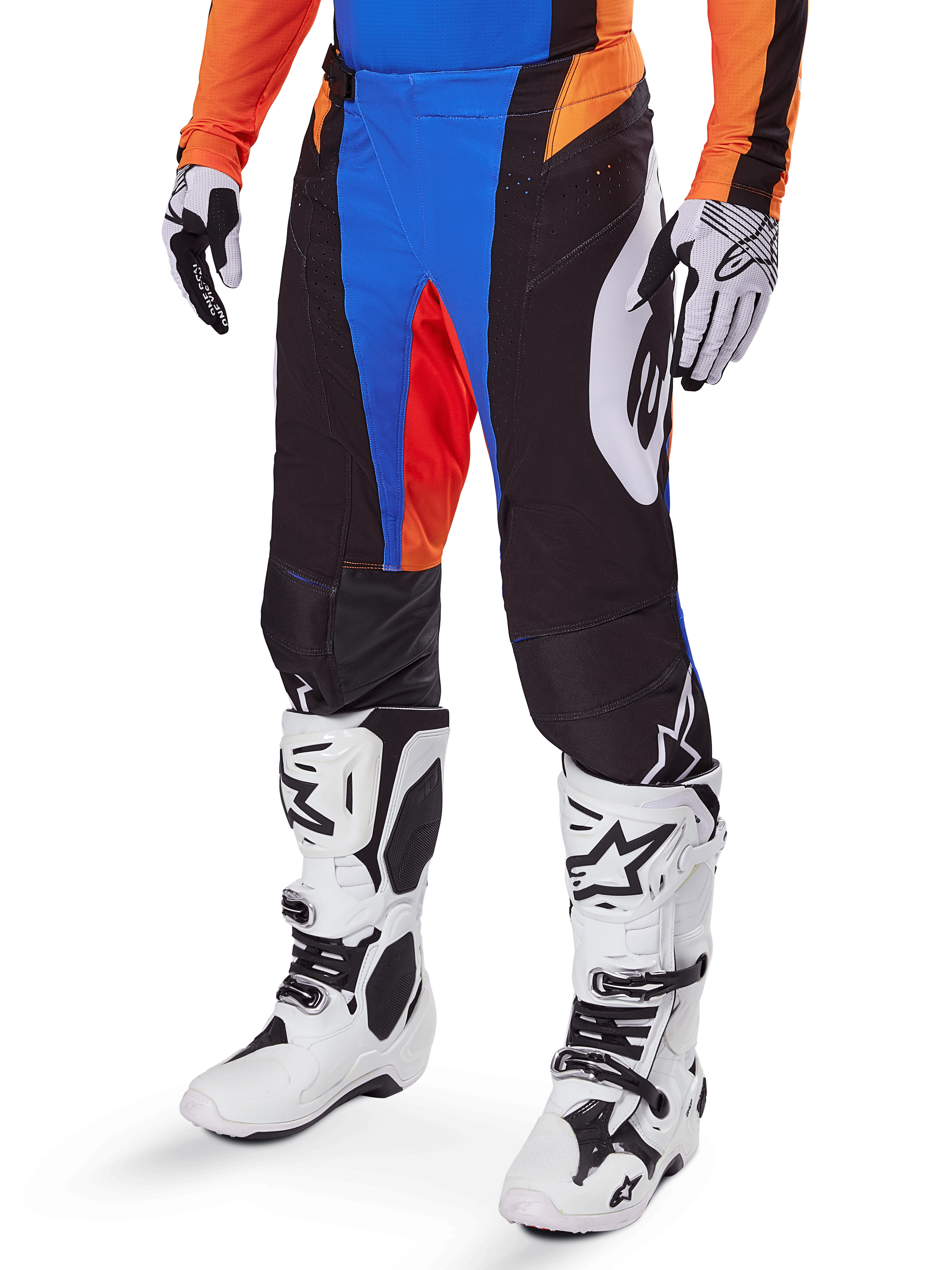 Alpinestars 2025 Techstar Melt Pants, Motocross Pants, Black with Blue and Orange accents, worn with white boots and matching jersey, featuring durable protective material and a sporty racing design