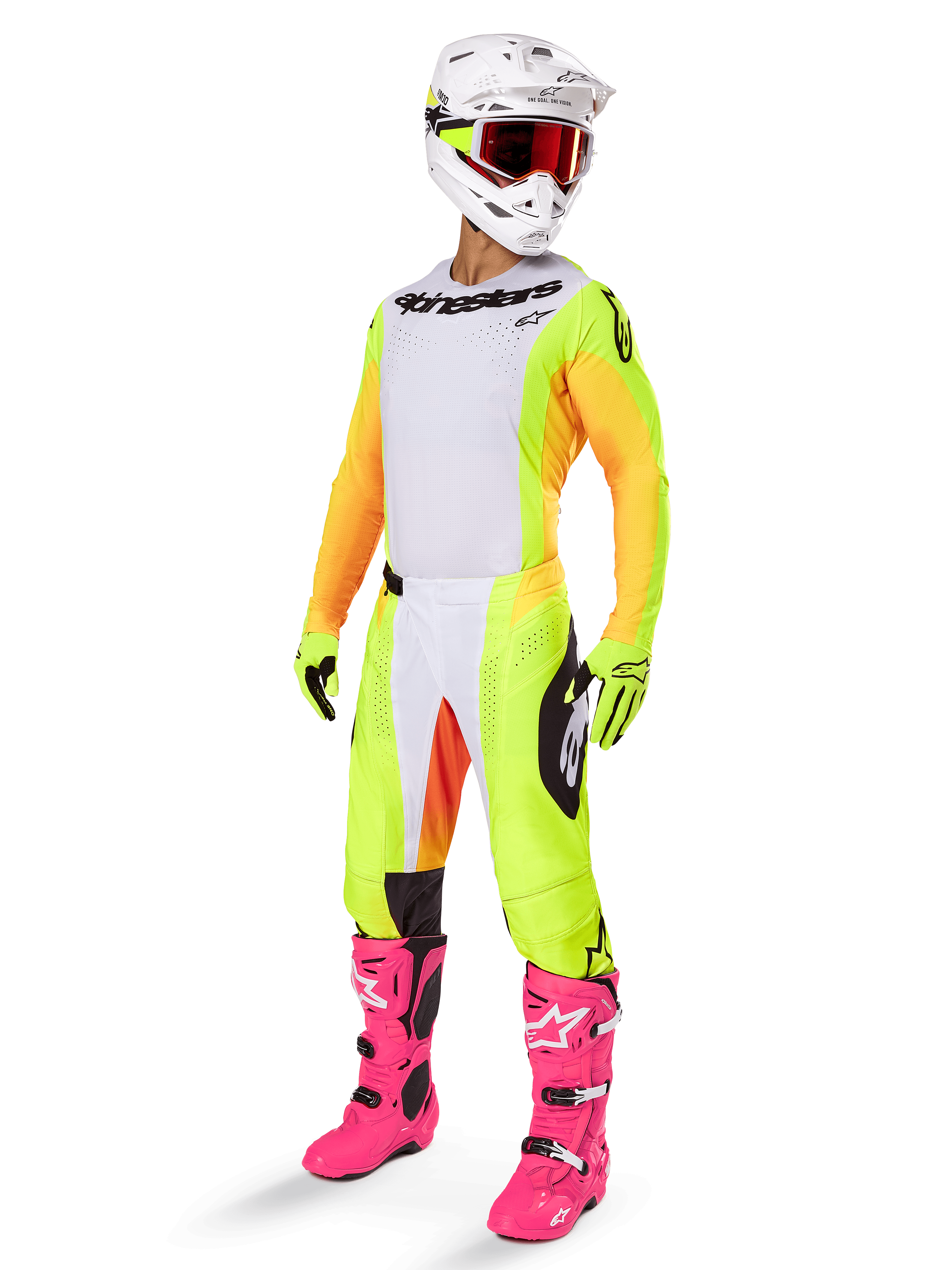 Alpinestars 2025 Techstar Melt Gear Set, complete motocross racing outfit, white jersey with yellow and orange sleeves, neon yellow pants, bright pink boots, white helmet with red goggles, yellow gloves, vibrant colorful racing apparel