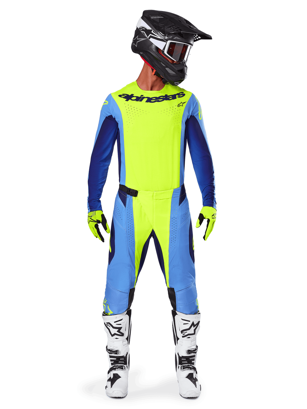 Alpinestars 2025 Techstar Melt Pants, Motocross Pants, Yellow Fluo Blue, worn with matching jersey, yellow gloves, and white and black boots, featuring a black helmet with red goggles, complete racing gear set for off-road performance