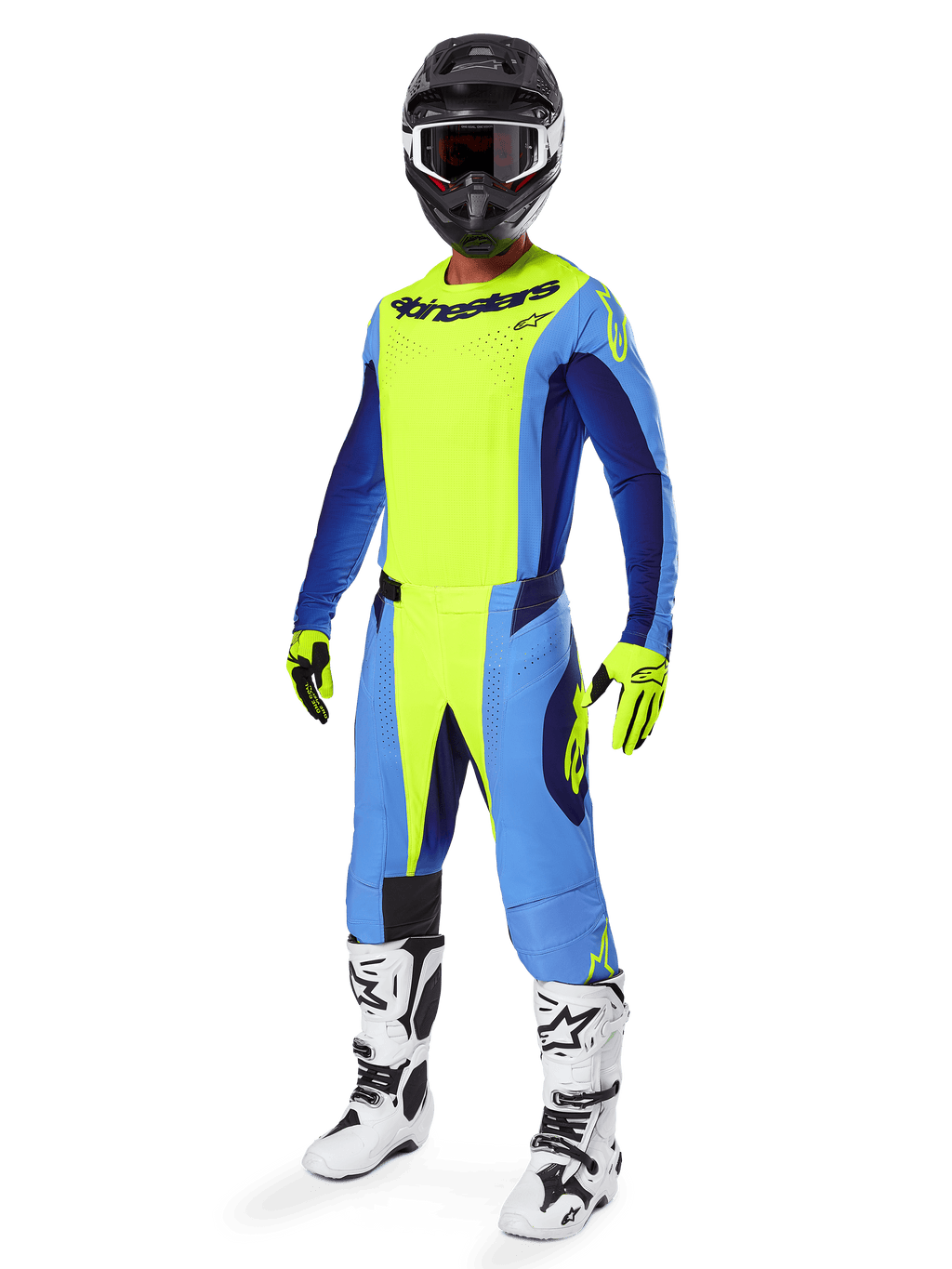Alpinestars 2025 Techstar Melt Gear Set, Complete Motocross Racing Outfit, Neon Yellow and Blue, Black helmet with goggles, Yellow and black gloves, White and black boots, Full MX gear kit