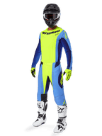 Alpinestars 2025 Techstar Melt Gear Set, Complete Motocross Racing Outfit, Neon Yellow and Blue, Black helmet with goggles, Yellow and black gloves, White and black boots, Full MX gear kit
