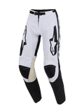 Alpinestars 2026 Racer Riway Pants, Motocross Pants, White and Black, featuring tan goat leather inner knee panels, large black Alpinestars logos on the thighs, magnetic buckle closure, and sporty pre-curved design for off-road riding