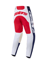 Alpinestars 2026 Racer Riway Pants, Motocross Pants, White Blue and Red, rear view showing red 'astars' logo across the back, blue side panels with white lettering, and pre-curved construction for off-road performance