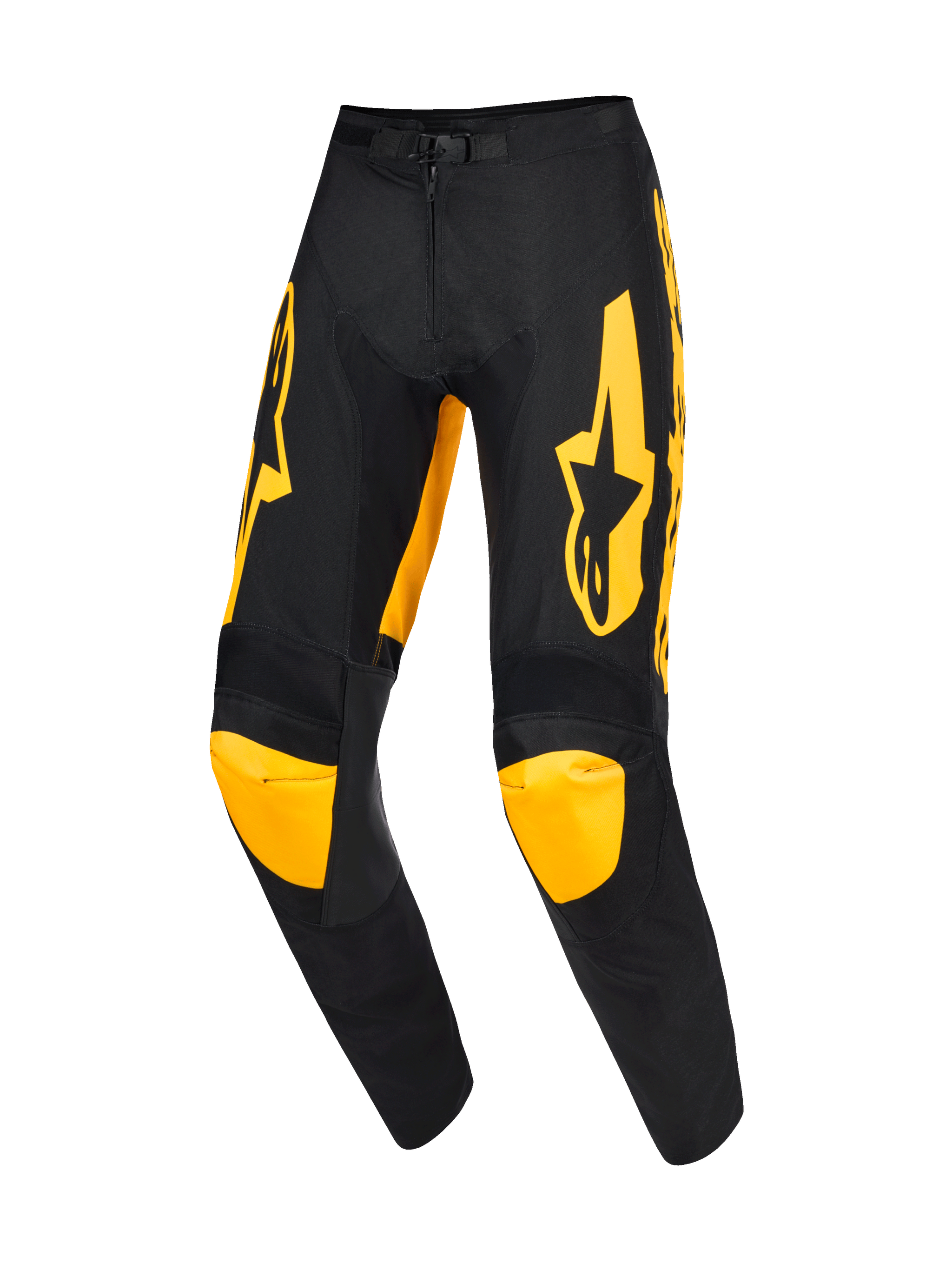Alpinestars 2026 Racer Riway Pants, Motocross Pants, Yellow and Black, featuring bold yellow logos on the thighs and yellow knee panels, ergonomic pre-curved design, durable polyfabric construction for professional off-road racing