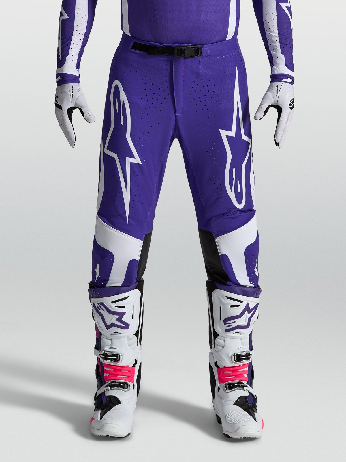 Alpinestars 2027 Supertech Vesta Pants, deep blue and white motocross pants for men with athletic fit and large logos.