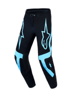 Alpinestars Supertech Vesta Motocross Pants, Black and Turquoise, with athletic race fit and ventilated stretch fabric.