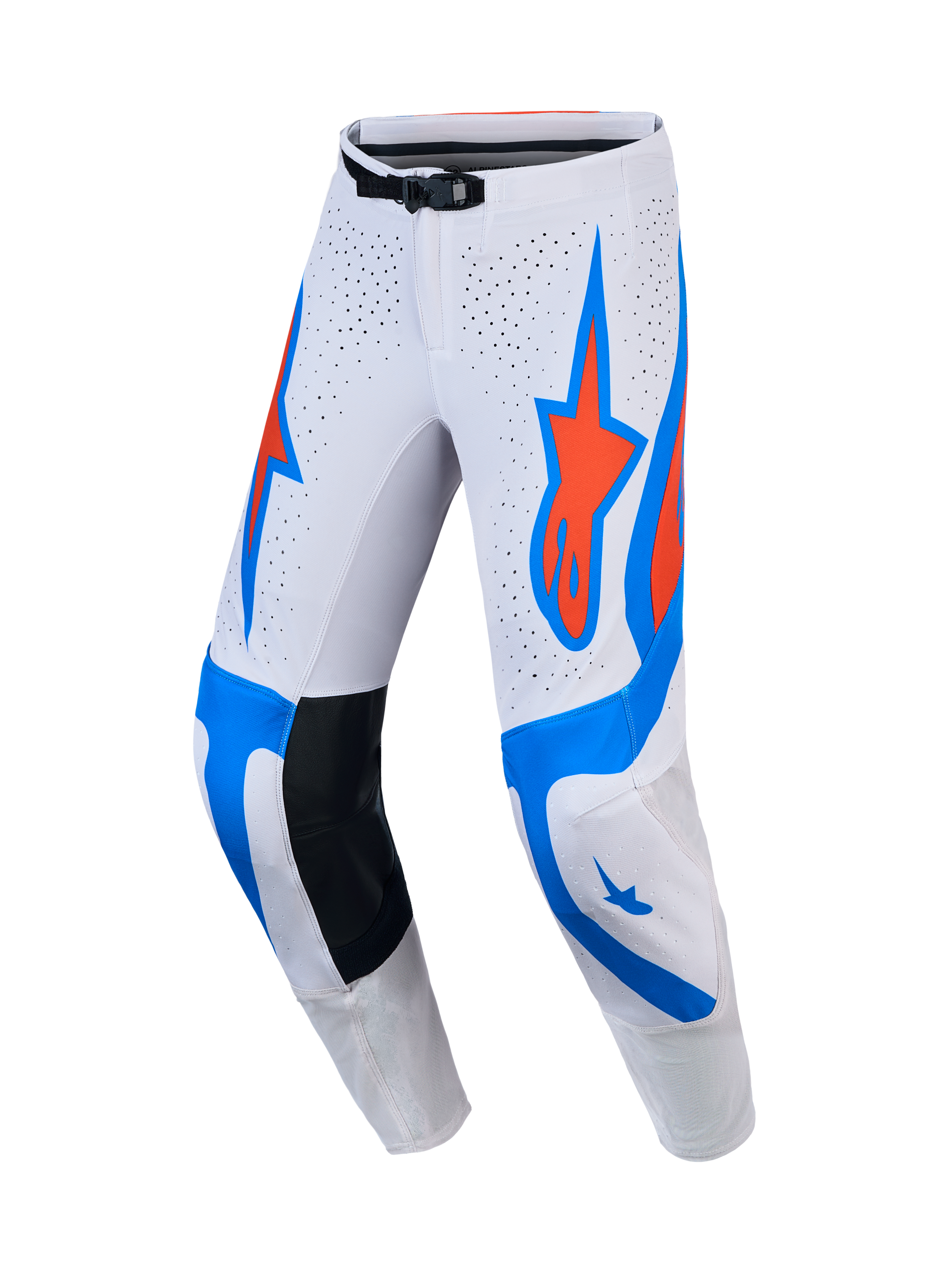 Alpinestars Supertech Vesta Men's Motocross Pants in white, light lilac, and cardinal red with perforated panels.
