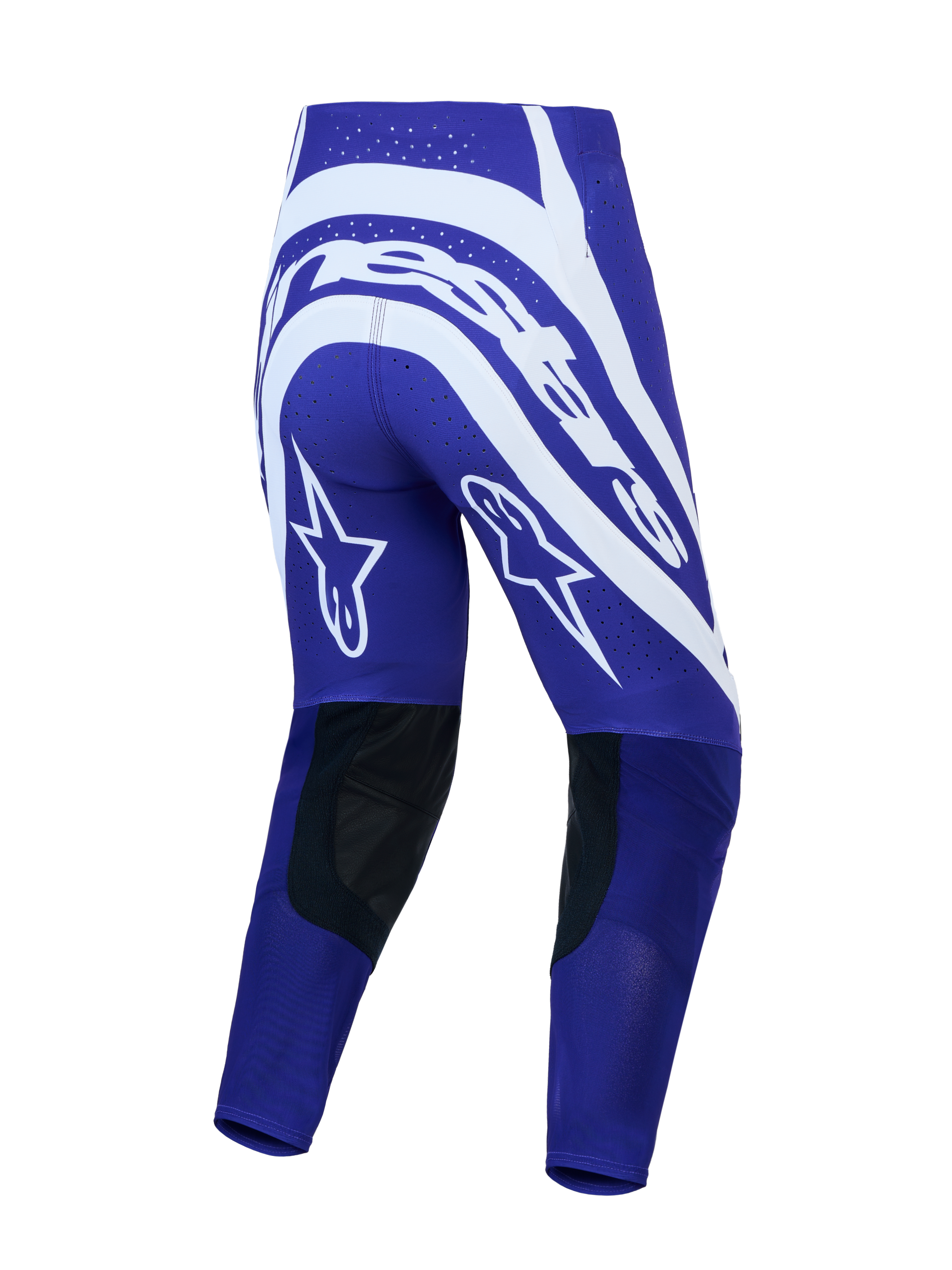 Alpinestars Supertech Vesta Pants, Men's Motocross Gear, Deep Blue and White, back view featuring star graphics and leather.