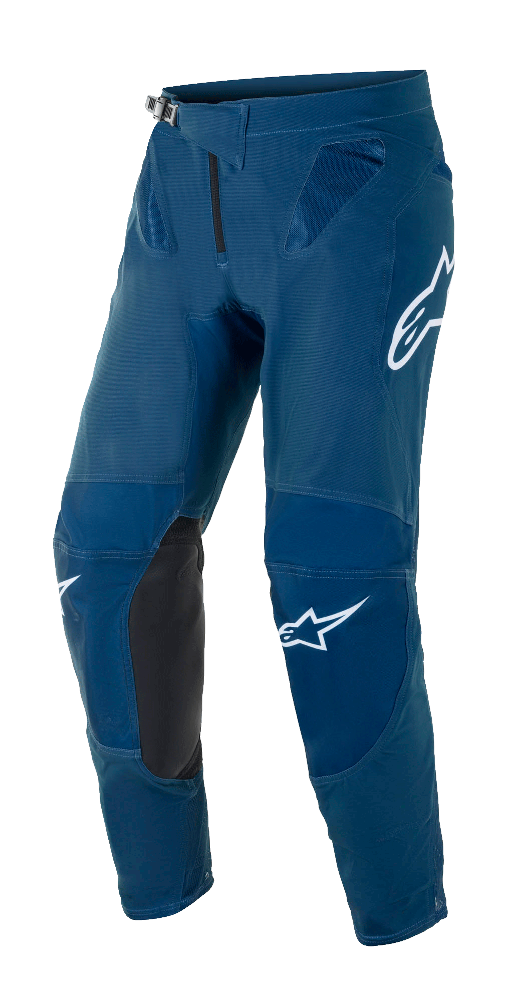 Alpinestars Supertech Blaze Pants, Motocross Off-Road Pants, Dark Blue, featuring black leather inner knee panels, white Alpinestars logo branding on the thigh and leg, adjustable ratchet waist buckle, and mesh ventilation zones at the hips.
