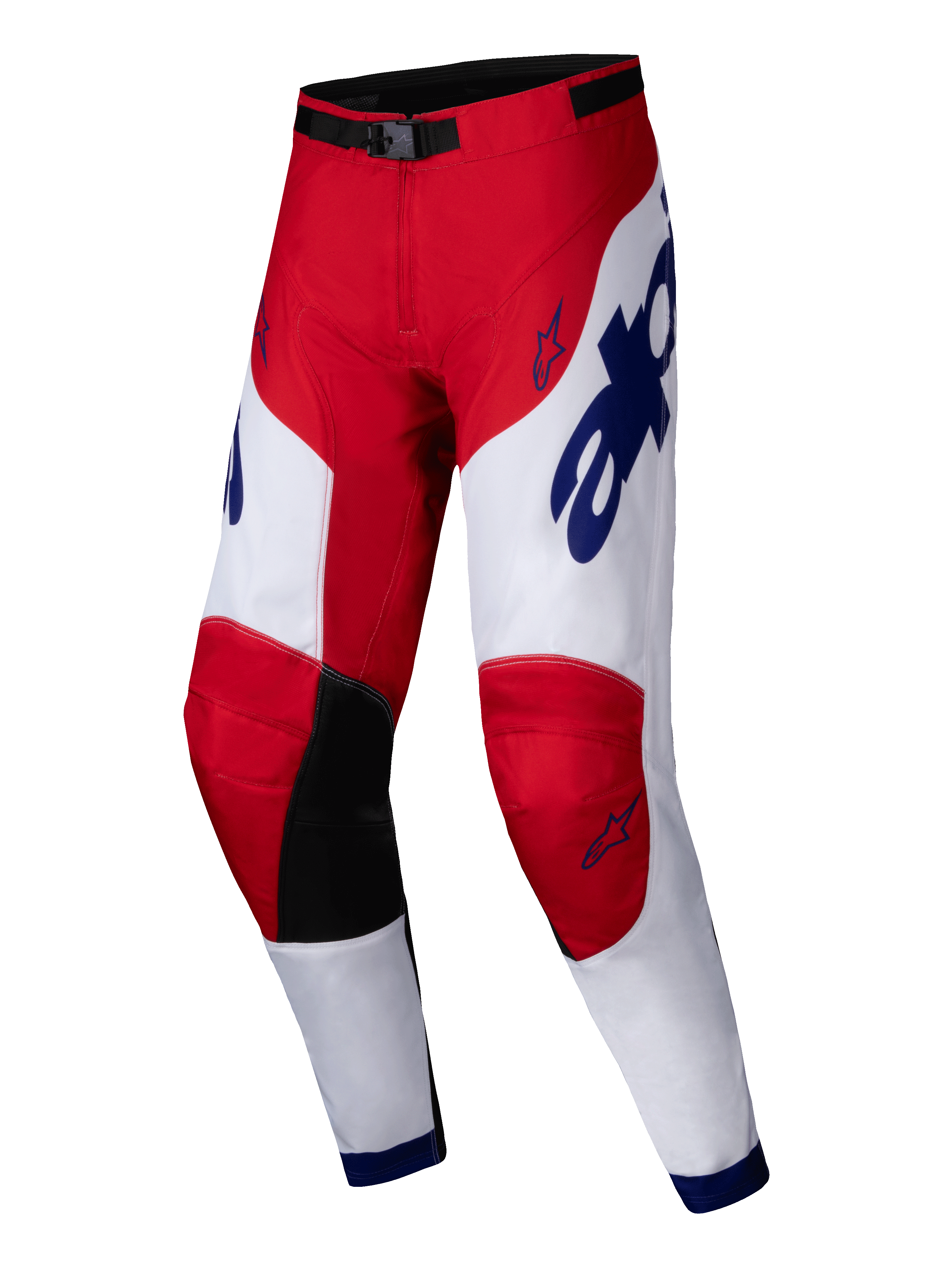 Alpinestars 2025 Racer Veil Pants, Motocross Pants, Bright Red and White with Blue accents, black inner knee panels, ergonomic pre-curved design, bold branding and star logos, durable gear for off-road racing
